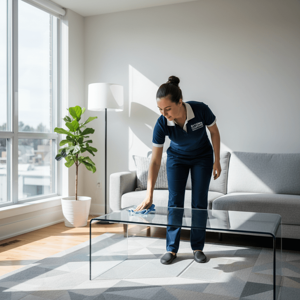 Cleaner dusting a modern living room table, representing Bytown Cleaning's residential services.