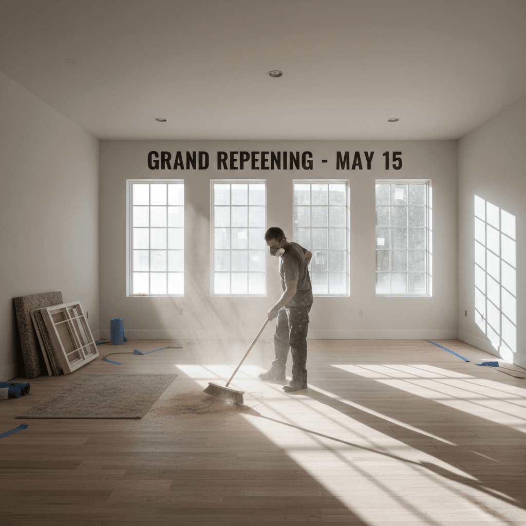 Cleaner sweeping sawdust in newly renovated room