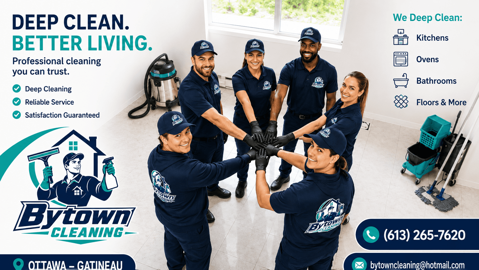 Six professional cleaners in navy uniforms join hands in a circle with cleaning equipment nearby.